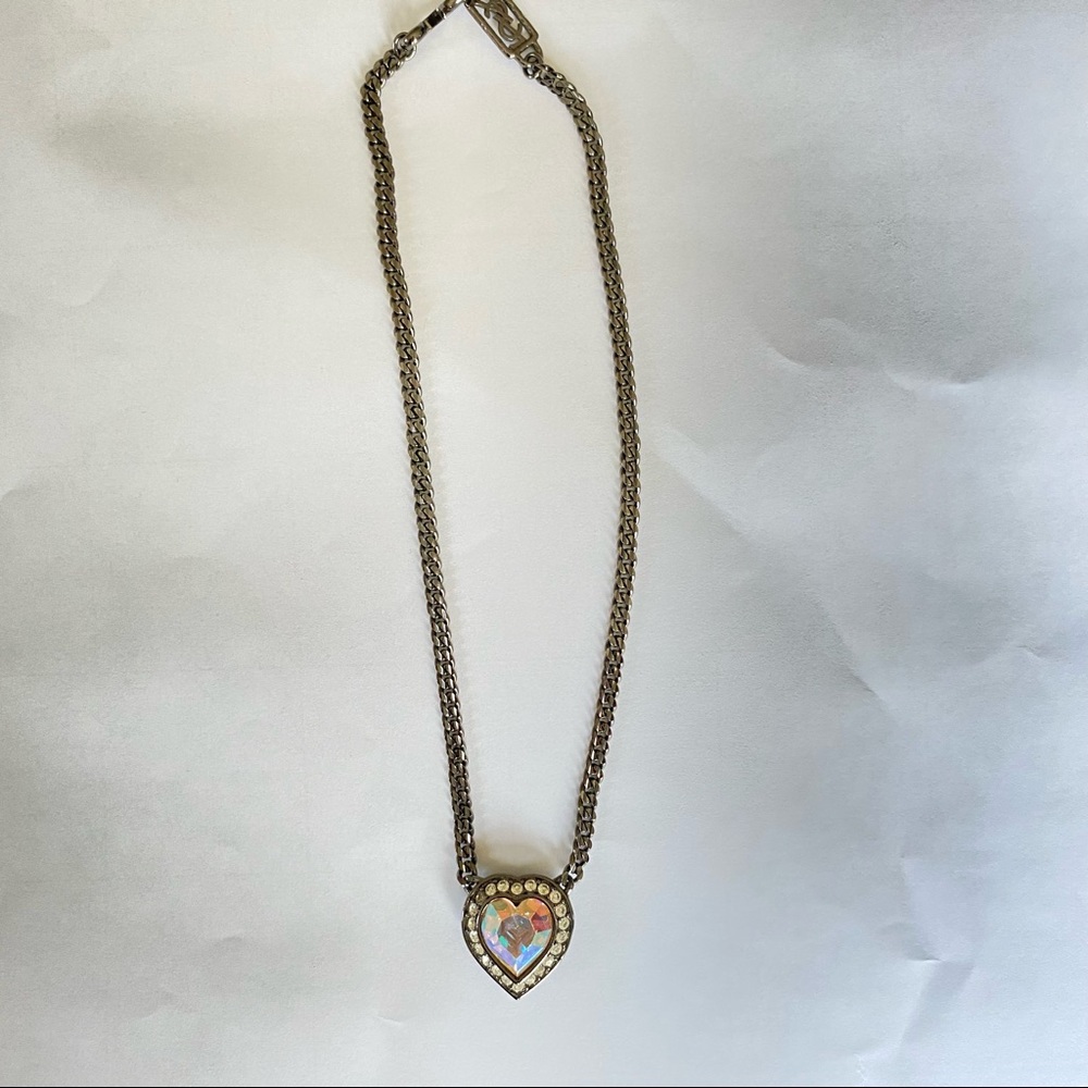 Yves Saint Laurent 1980's Gunmetal Aurora Borealis Crystal Heart Necklace